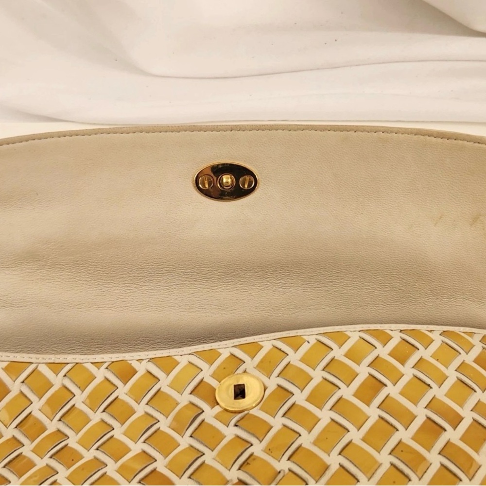 Bally Hand Bag Top Handle Braided Leather Purse Turn Lock Cream and Yellow - Picture 12 of 14